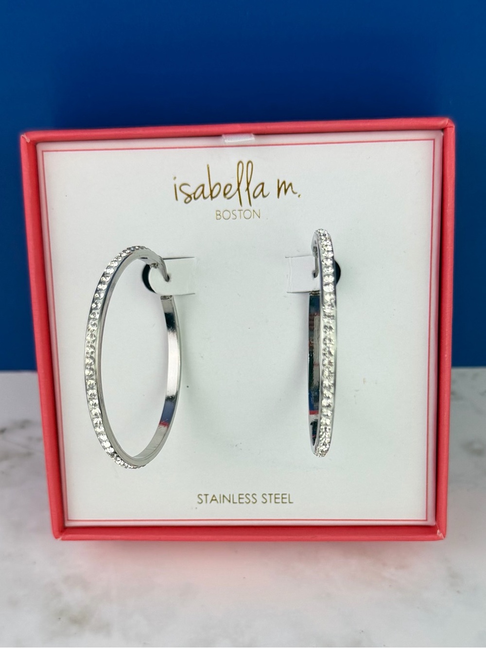 NIB Isabella M. Boston Stainless Steel Hoop Earrings with Crystals